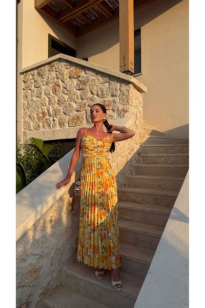 Julidress Yellow Floral Pattern Pleated Strapless Neckline Premium Satin Dress