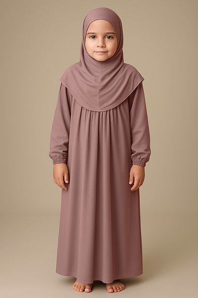 Mesa Charm One Piece Organic Cotton Hijab Plug and Pull Hijab Children's Prayer Dress Dusty Rose