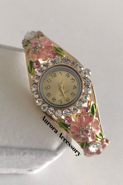 AurorAccessory Pink Floral Enamel Stone Embroidered Vintage Handcuff Women's Wrist Watch (Suitable for Thin Wrist Size)