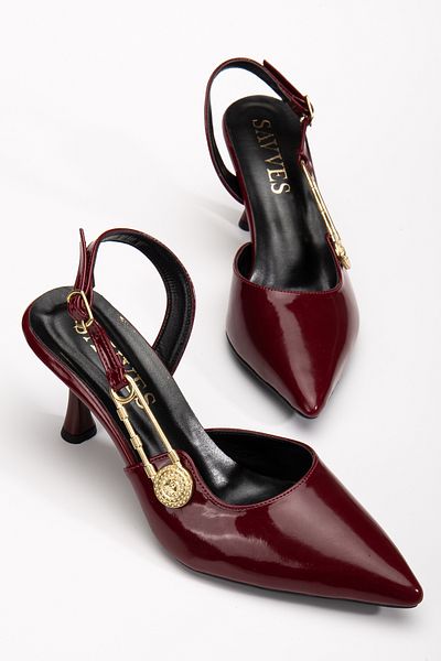 Savves Pointed Toe Button Buckle Burgundy Patent Leather Thin Heel Shoes Stiletto