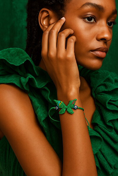 Puffy Butterfly Patterned Macrame Bracelet – Green & Evil Eye Bead Detailed
