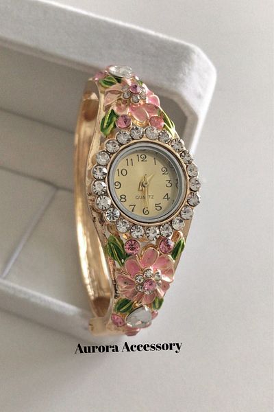 AurorAccessory Pink Floral Enamel Stone Embroidered Vintage Handcuff Women's Wrist Watch (Suitable for Thin Wrist Size)