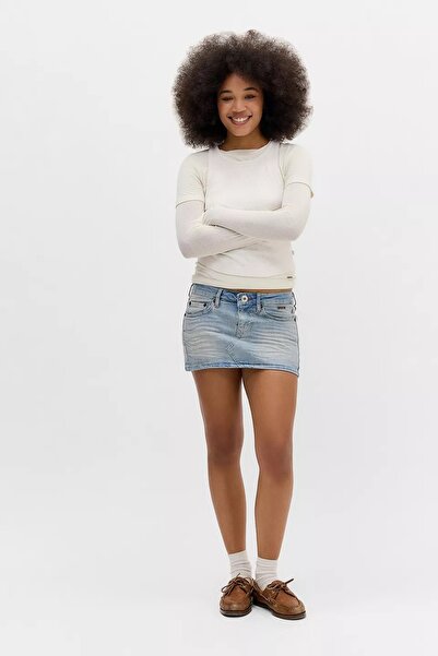 september island Buz Mavi Denim Mini Etek