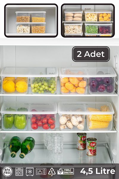 BRAMBLE LIFE 2 Pieces 2 Compartments 4.5 Lt Rectangular Lid Refrigerator and Freezer Organizer