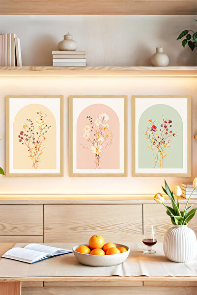 kutuTR 🌸 Pastel Renkli Çiçek Desenli 3’lü Çerçeve Görünümlü Tablo Seti 🌸 CR...