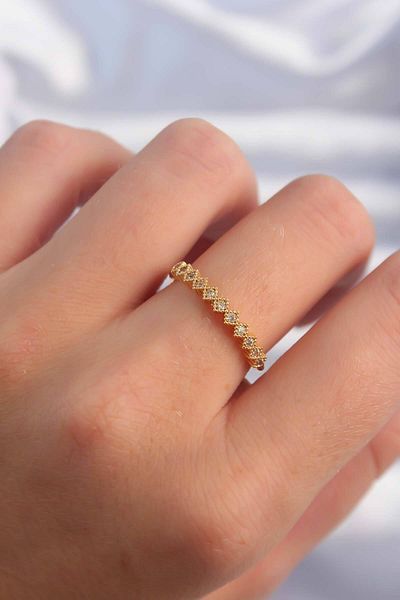 Skygo Brass Gold Color Minimal Row Zircon Stone Adjustable Ring