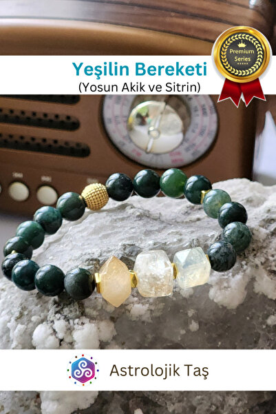 Astrolojik Doğal Taş Yeşilin Bereketi Doğal Taş Bilekliği - Yosun Akik & Sitr...