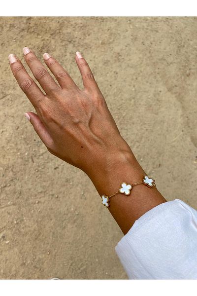 marsel aksesuar White with Stone Double-Way Clover Van Cleff Medium Steel Bracelet