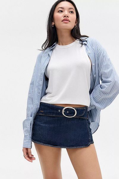 september island Navy Blue Belt Detailed Denim Mini Shorts Skirt