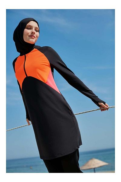 MAYOU Two-Color Sports Hijab Swimsuit with Finger-Snaping Sleeves and Garnish - Black Orange Pomegranate -