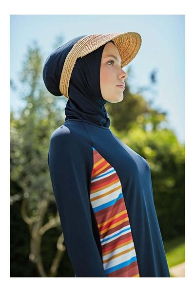 MAYOU Sports Hijab Swimsuit with Finger Slip on Sleeves and Stripe Side Stripes - Navy Blue -