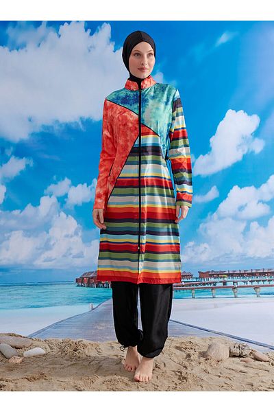 MAYOU Multicolored Striped Hijab Swimsuit - Mixed Color -