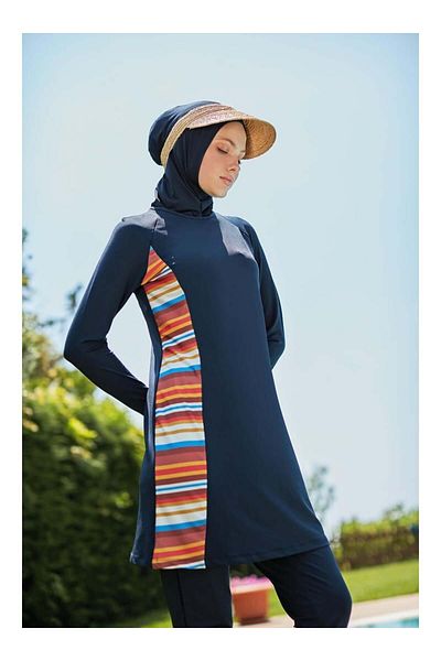 MAYOU Sports Hijab Swimsuit with Finger Slip on Sleeves and Stripe Side Stripes - Navy Blue -