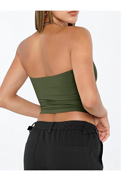 Teenystore Χακί Στράπλες Μπαντό Μπλούζα με Crop Body