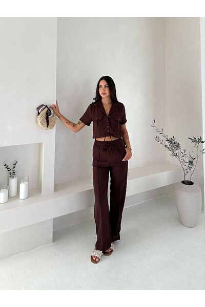 WellWay Imported Linen Fabric Thread Detailed Crop Shirt & Trousers Two-Piece Set - Bitter Brown