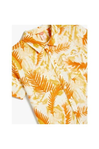 Koton Linen Shirt Short Sleeve Leaf Pattern Single Pocket