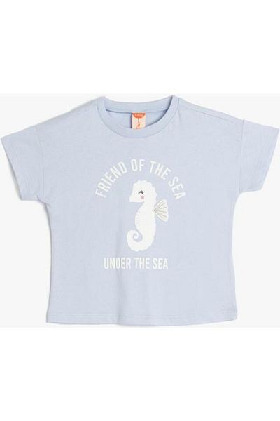 Koton Tricou cu mânecă scurtă, cu mânecă scurtă, cu imprimeu de căluți de mare, albastru pentru fetiță 5smg10029ak