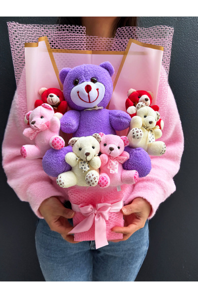 lenostra Büyük Mor Ayıcıklı ve Rengarenk Ayıcıklı Peluş Buket Ayıcık Buketi S...