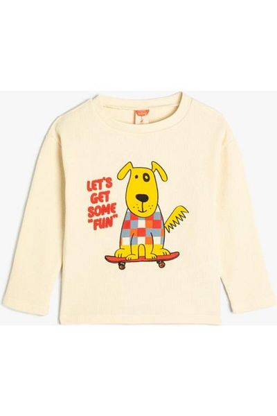 Koton Dog Printed Cotton Long Sleeve Crew Neck T-Shirt