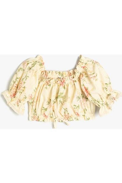 Koton Μπλούζα Cotton Crop - Floral σχέδιο και λεπτομέρεια βολάν