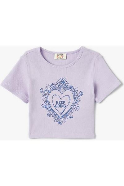 Koton Tricou crop brodat cu slogan, cu mânecă scurtă, cu decolteu rotund
