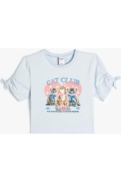 Koton Tricou cu mânecă scurtă din bumbac imprimat cu pisici - Detaliu cu șnur