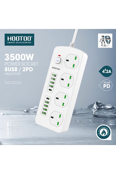 HooToo Original 3000W Power Strip - 4 Sockets, 8 USB Ports, 2 Type-C PD Ports, 3m Cord, High Safety.