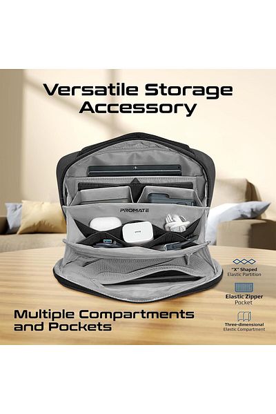 Promate Versatile Handbag, Rip-Resistant Nylon Fabric, Multiple Compartments & Pockets, Includes Lea