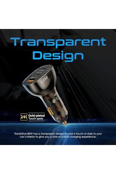 Promate Car Charger, Transparent 80W Fast Charge Multi-Port Car Adapter with Dual Type-C Ports, Qual