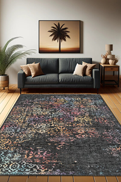 The Reef Design Siyah Renkli Eskitme Halı Dijital Baskılı Dokuma Kaymaz Taban...