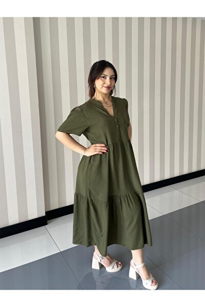 ELSEBUTİKTR فستان نسائي صيفي من الفيسكوز بياقة حاكيم باللون الكاكي