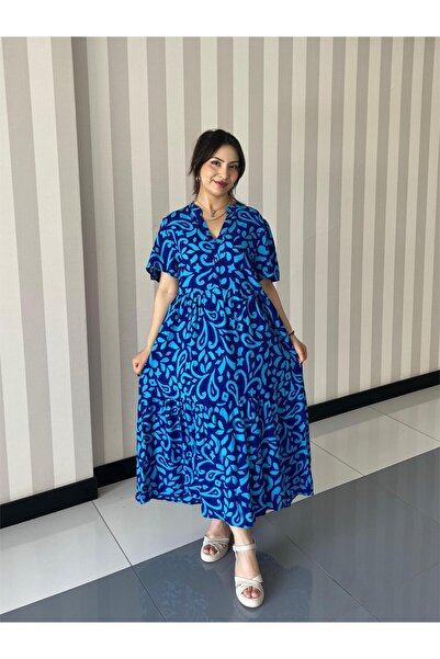 ELSEBUTİKTR فستان نسائي صيفي من الفيسكوز بياقة حكيم ونقشة أوراق زرقاء