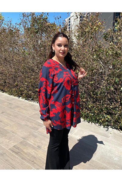 ELSEBUTİKTR Women's Patterned Long Sleeve Cotton Viscose Tunic Shirt