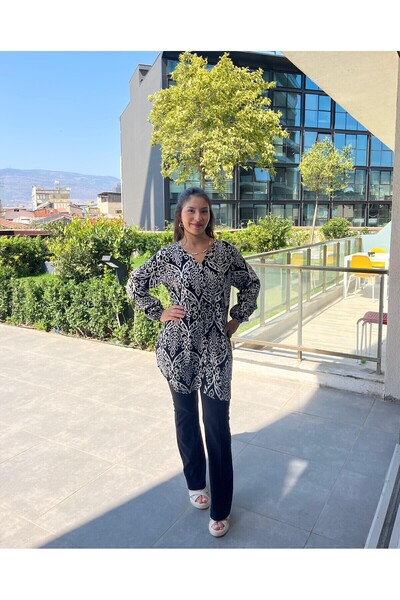 ELSEBUTİKTR Women's Black-White Patterned Plus Size Viscose Tunic Shirt