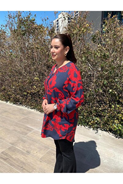 ELSEBUTİKTR Women's Patterned Long Sleeve Cotton Viscose Tunic Shirt