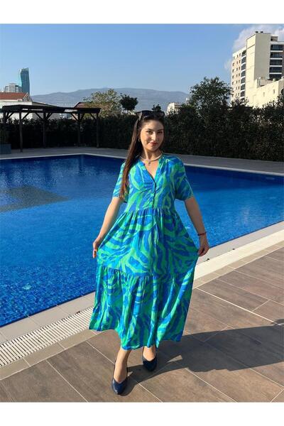 ELSEBUTİKTR Women's Judge Collar Blue-Green Patterned Summer Viscose Dress