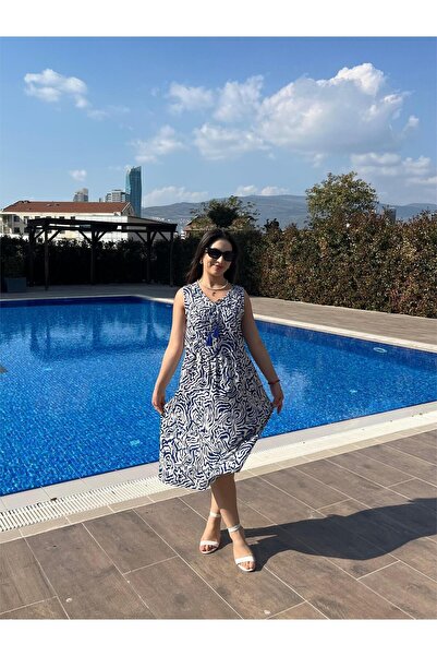 ELSEBUTİKTR Women's Blue-White Patterned Tassel Summer Dress