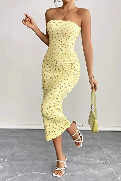 Baby xclub Kadın Sarı Straplez Desenli Baskılı Likralı Şık Trend Günlük Yazlık Pinterest Uzun Elbise