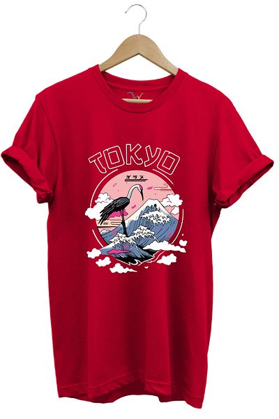 onsrawear Tokyo Printed Unisex T-Shirt - Mountain and Flamingo Patterned 100% Cotton Red Basic T-Shirt