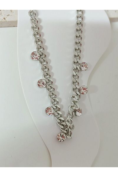 mos&more Stainless Steel Silver Chain Model Anklet--With Stones