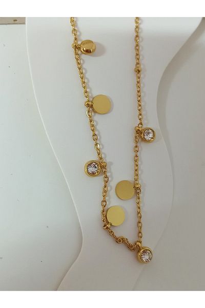 mos&more Gold Round Plate and White Stone Dangle Anklet