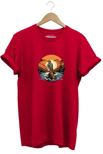 onsrawear Fisherman Outdoor Fishing with Fishing Rod and Nature, Sea Landscape Printed 100% Cotton Basic T-Shirt