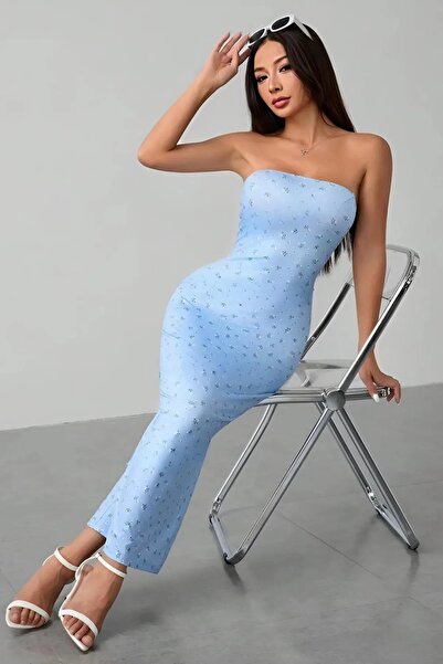 Baby xclub Γυναικείο Μπλε Στράπλες Με τύπωμα από Ελαστικό ύφασμα με Στάμπα, Κομψό, Μοντέρνο, Καθημερινό, Καλοκαιρινό, Μακρύ Φόρεμα Pinterest