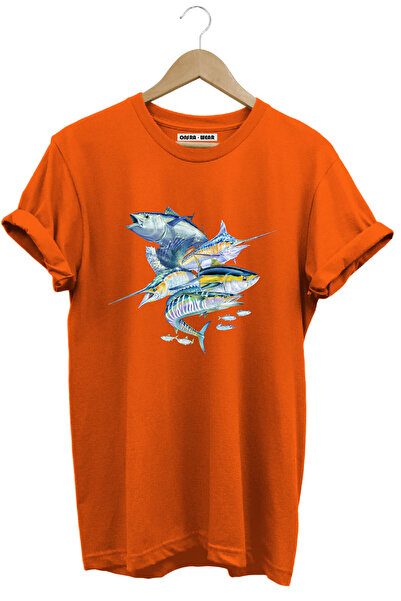 onsrawear Tricou de bază portocaliu din bumbac 100% cu imprimeu pește-spadă d...