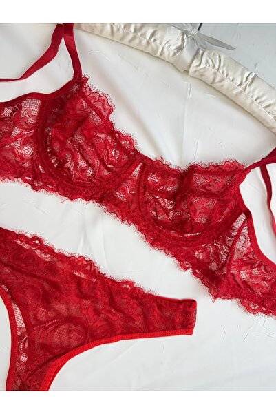 ROZENİN LINGERIE Kırmızı Soft Dantelli Bralet Takım