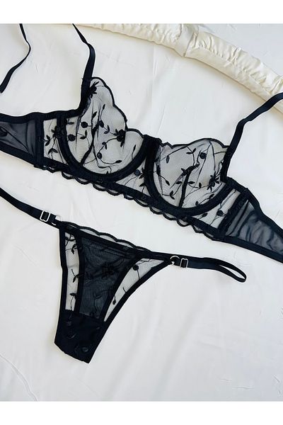 ROZENİN LINGERIE Set sutien transparent din tul fără cupă, cu sârmă, florală, neagră (SUTIEN TANGA)
