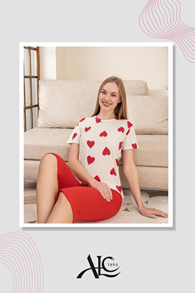 alc teks Women's Pajama Set 100% Cotton Short Sleeve Capri Red Color with Bic...