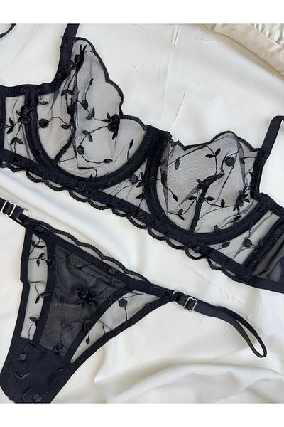 ROZENİN LINGERIE Set sutien transparent din tul fără cupă, cu sârmă, florală, neagră (SUTIEN TANGA)