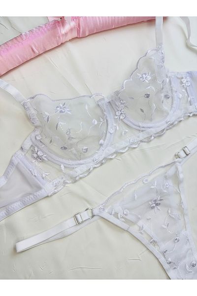 ROZENİN LINGERIE Λευκό φλοράλ δαντέλα διάφανο σετ σουτιέν από τούλι (ΣΟΥΤΙΕΝ TANGA)