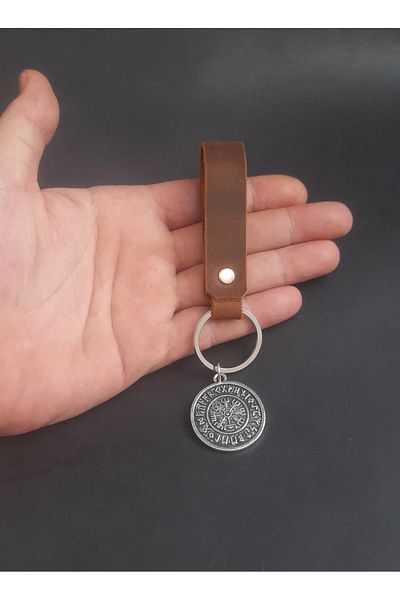 BSN Store إكسسوار سلسلة مفاتيح من الجلد الحقيقي مع شكل بوصلة نورديك Vegvisir